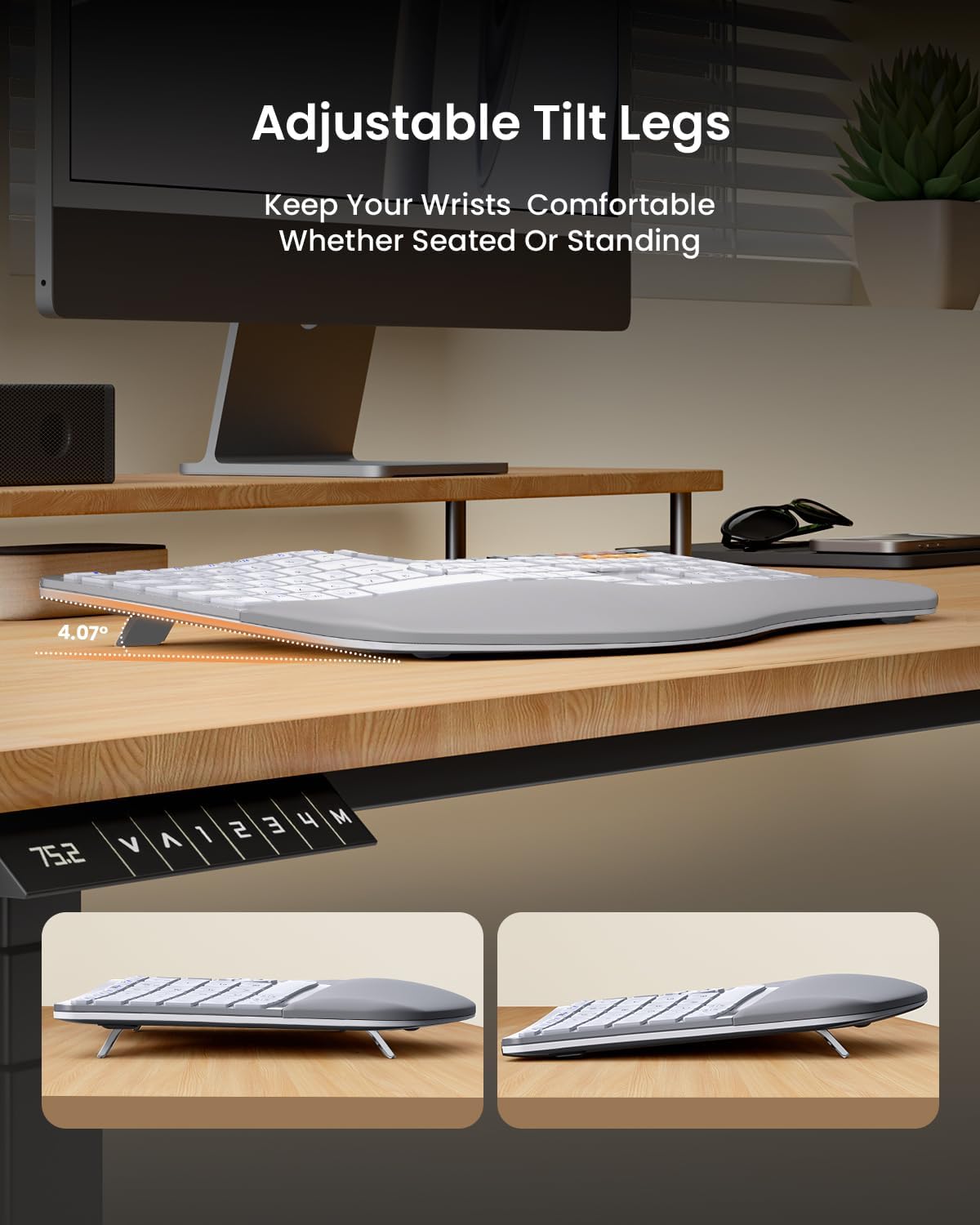 ProtoArc EKM01 Plus Wireless Ergonomic Keyboard Mouse Combo - White Silver | Full-size Split Keyboard with Cushioned Wrist Rest, Ergonomic Mouse, 3-Device Bluetooth/2.4G, USB-C Rechargeable